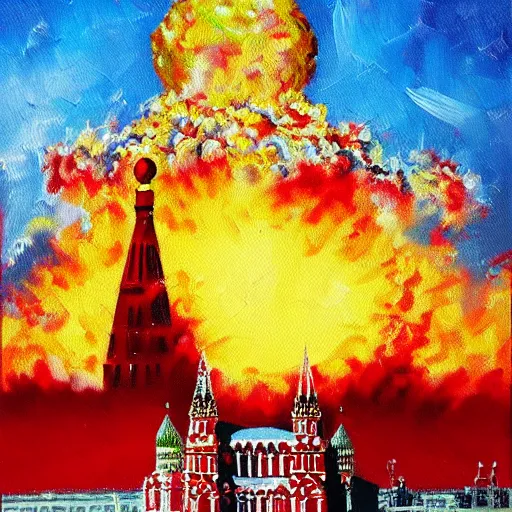 Image similar to vladimir putin, painting a painting of happy little hydrogen nuclear explosion in moscow red square, intricate, highly detailed, smooth, artstation,