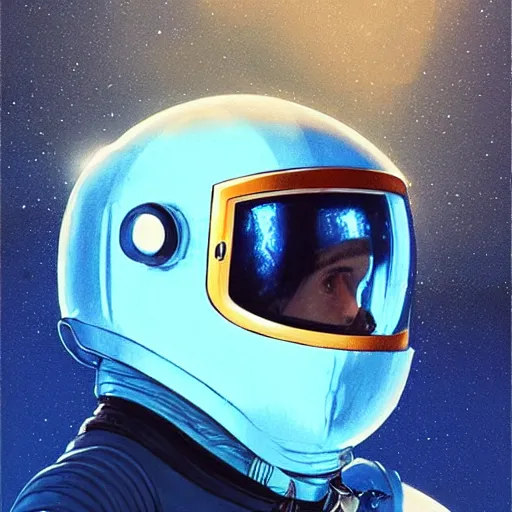 Prompt: blue helmet astronaut with reflection of an orange invisor, artstation, ultra realistic, by raphael lacoste and danny villneuve