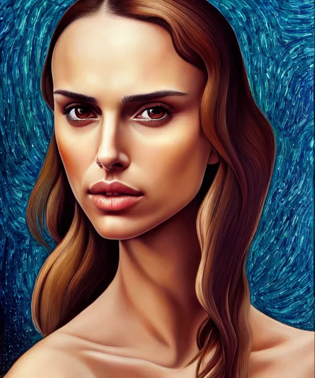 Image similar to half Nathalie portman half jessica alba portrait by Sandro Botticelli, sci-fi, amber eyes, beautiful face, appealing long hair, fantasy, intricate, elegant, highly detailed, digital painting, artstation, concept art, smooth, sharp focus, oil painted illustration by Sandro Botticelli