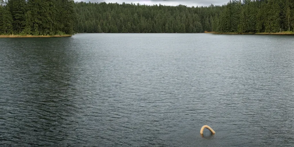 Prompt: color photograph of a very long rope on the surface of the water, the rope is snaking from the foreground stretching out towards the center of the lake, a dark lake on a cloudy day, trees in the background, anamorphic lens