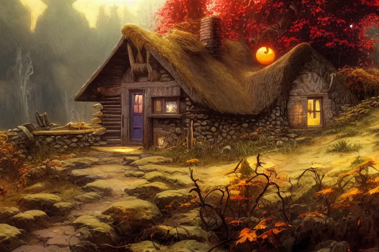 Prompt: morning autumn lonely cabin by rodney matthews, frank frazetta, trending on artstation.