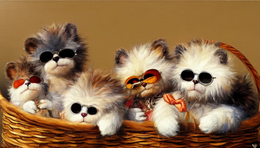 Image similar to highly detailed painting of cute furry furbys wearing shades cuddling up in a basket by william turner, thick brush strokes and visible paint layers, 4 k resolution