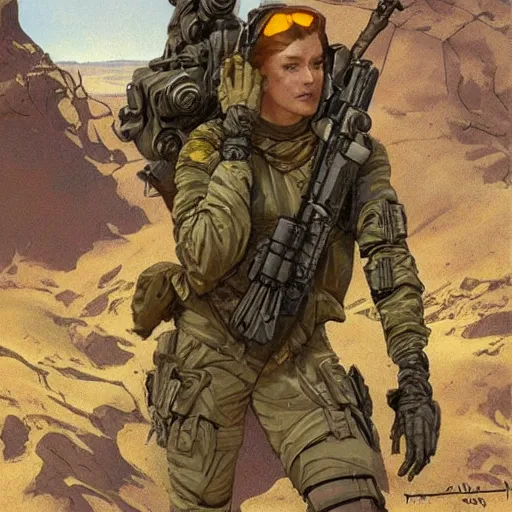 Image similar to Maria. USN special forces recon operator in near future gear, cybernetic enhancement, on patrol in the Australian neutral zone, Barren landscape. 2087. Concept art by James Gurney and Alphonso Mucha