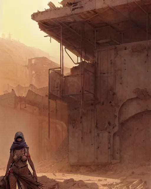 Image similar to female desert stalker, lonely rider, covered head, post - apocalyptic ruins | | realistic shaded, fine details, realistic shaded lighting poster by greg rutkowski, diego gisbert llorens, magali villeneuve, artgerm, jeremy lipkin and rob rey