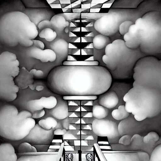 Image similar to A black and white freemasonic chequered surrealist digital painting of a stairway to into the clouds in the art style of jeff koons, Gilbert williams, Edwin Frederic Church and Christopher Balaskas, trending on artstation, 4k UHD