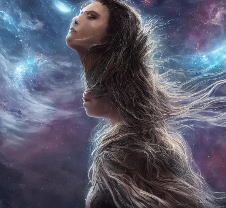 Image similar to beautiful celestial woman with long hair wrapping downward around earth seen for space, hyper-detailed, smooth, sharp focus, depth map, digital painting, apocalyptic art, fantasy dark art, 4k ultra hd, cinematic