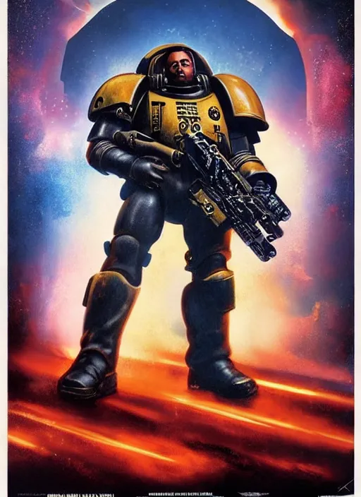 Image similar to a movie poster with a space marine holding a big gun, poster art by drew struzan, cgsociety, retrofuturism, reimagined by industrial light and magic, poster art, movie poster, dramatic atmosphere