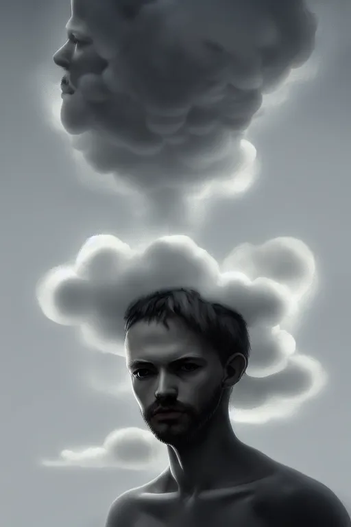 Prompt: of man with cloud head, in the style of etienne sandorfi, solarpunk, atmospheric, clean, intricate and epic composition, gray by caravaggio, insanely quality, highly detailed, masterpiece, white light, artstation, 4 k