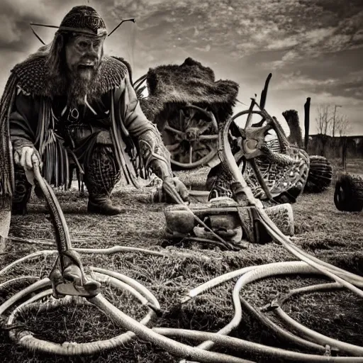 Image similar to wise angle photo of viking in armor working on the mechanical ancient device, tools and junk on the ground,wires and lights, old village in the distance, vintage old photo, black and white, sepia