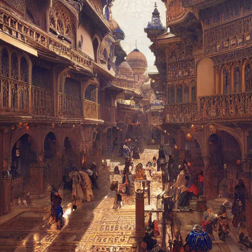 Prompt: orientalist medieval fantasy city with glittering copper domes and street paved with lapis and marble intricate artwork by john william waterhouse and Edwin Longsden Long and Theodore Ralli and Henryk Siemiradzki. trending on artstation, very coherent symmetrical artwork high detail 8k