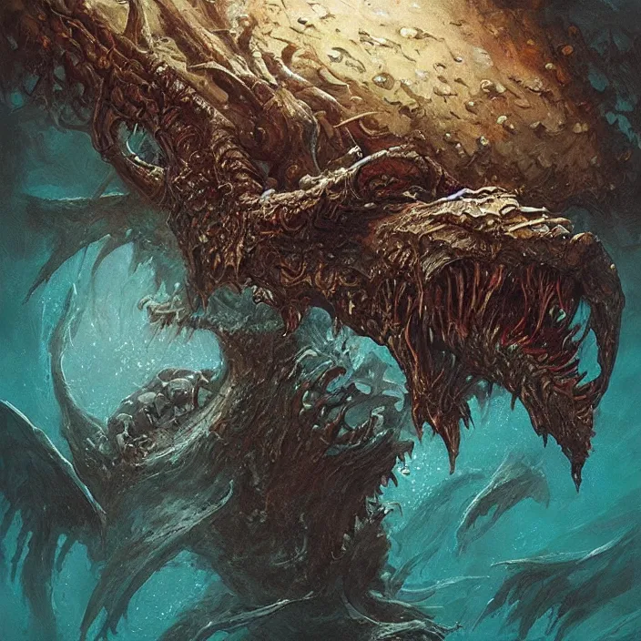 Image similar to sea monster large horror under the ocean d & d, d & d style, trending on artstation, intricate, highly detailed, vivid painting, colorful, art by greg rutkowski