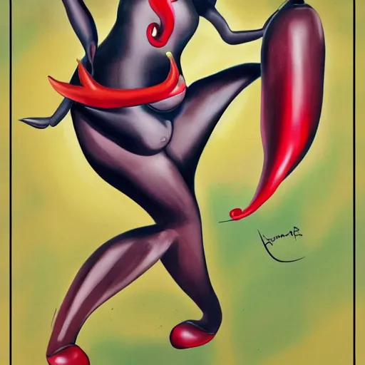Prompt: curvaceous chilli pepper woman dancing in the style of chris sanders