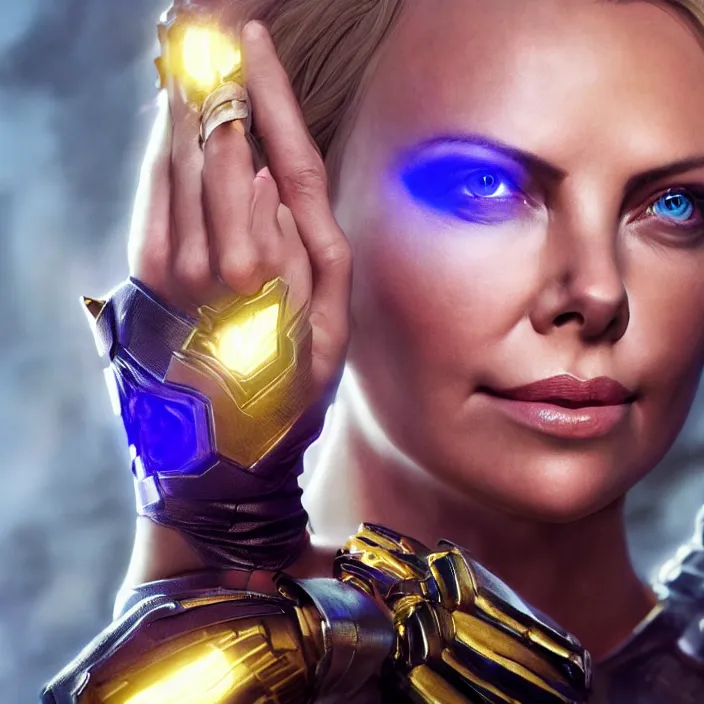 Image similar to portrait of (Charlize Theron), wearing The Infinity GAUNTLET. intricate artwork. octane render, trending on artstation, very coherent symmetrical artwork. avengers. THANOS. cinematic, hyper realism, high detail, octane render, 8k, iridescent accents