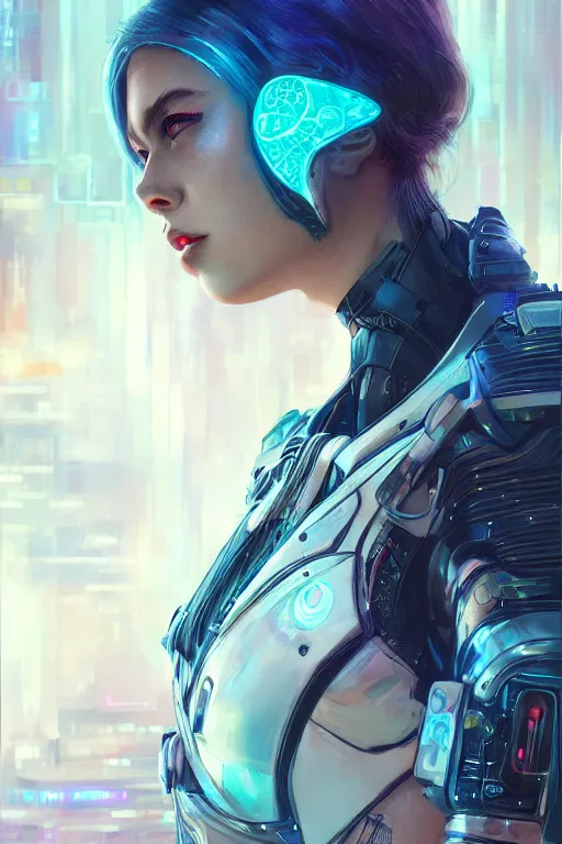 Image similar to portrait futuristic Cyber warrior Girl, in future cyberpunk tokyo rooftop , ssci-fi, fantasy, intricate, very very beautiful, elegant, neon light, highly detailed, digital painting, artstation, concept art, smooth, sharp focus, illustration, art by WLOP and tian zi and alphonse mucha