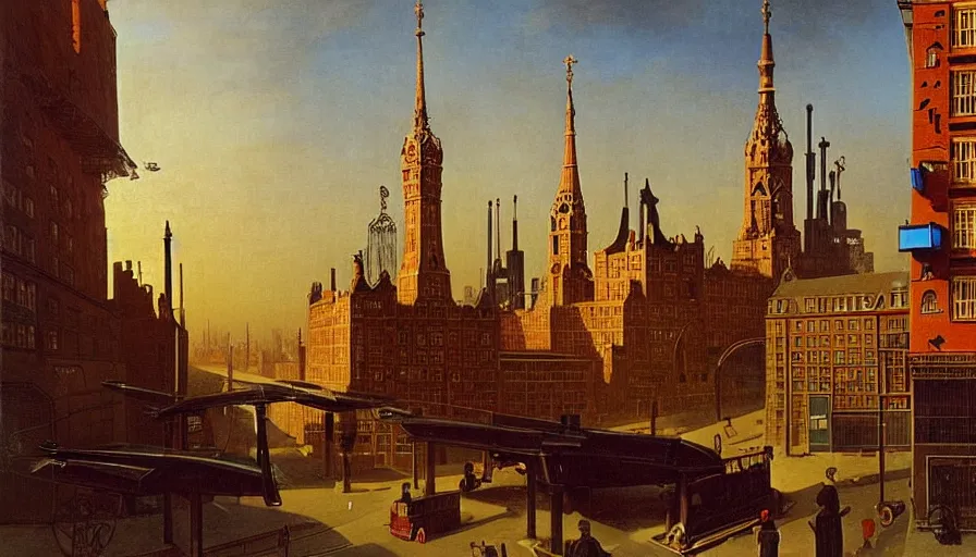 Image similar to Victorian England soviet city with flying cars and cyberpunk, made by Hubert van Eyck, Georges de La Tour, Élisabeth Vigée Le Brun, Jacques-Louis David