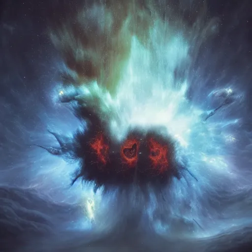 Prompt: two demons hug inside of an exploding nebula, beksinski, dariusz zawadzki, very coherent symmetrical artwork. cinematic, hyper realism, high detail, octane render, 8 k