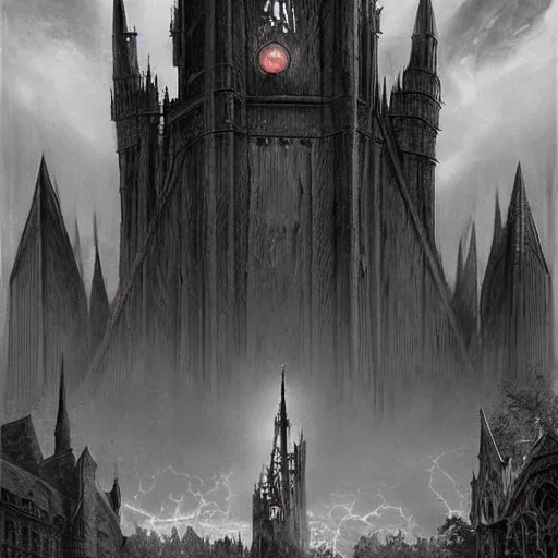 Image similar to an ultra detailed black and white tarot card of a lonely and impossibly tall ominous gothic dark citadel tower of the evil patriarch, in the style of magic the gathering, in a river elevated high above the city, gaslight fantasy capital city, ultrawide lense, aerial photography, scary thunderstorm, exquisite detail, 8 k, art by greg rutkowski and alphonse mucha