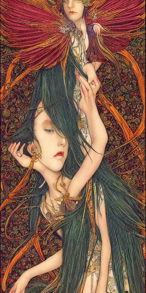 Image similar to intricately beautiful designed clow cards, high detail, painting, by CLAMP, in the style of Carlos Shwabe