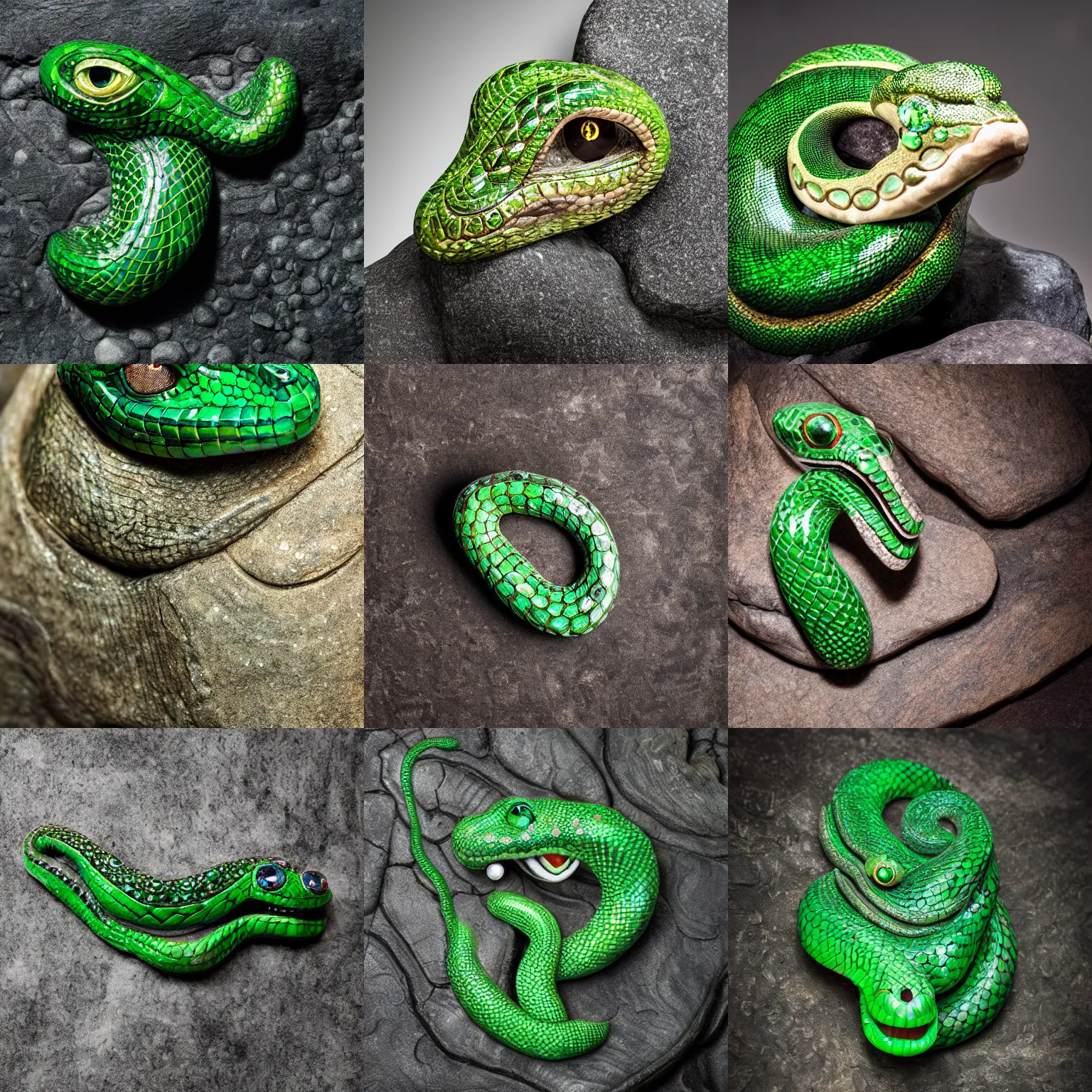 Prompt: snake head carved on a rock, green crystals as the eyes, photorealistic, studio photograph, studio lighting, jewel