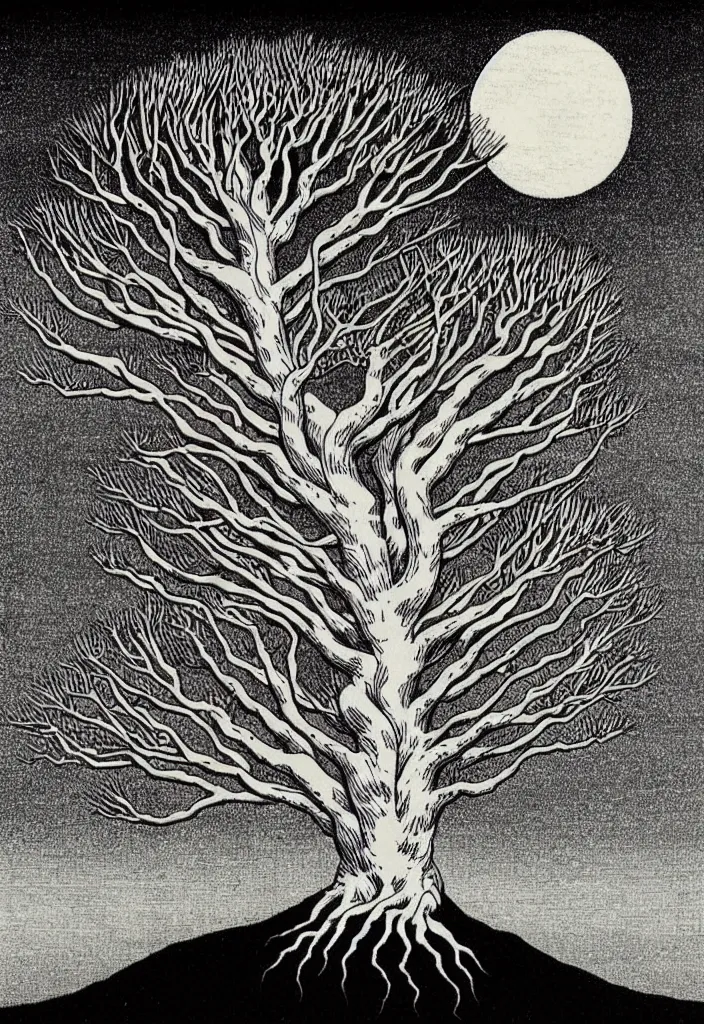 Prompt: prompt: magical white skeleton Bonsai tree squid creature roots merging into big moon drawn by Rene Magritte, Japanese woodblock print style, clean ink detailed line drawing, intricate detail, manga 1980