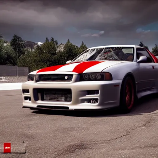 Prompt: skyline r34 with Canadian flag paintwork, 4k, unreal engine, octane render