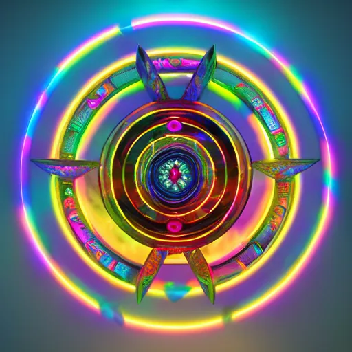 Prompt: still of rainbow ophanim surrounded by large diagonally rotating rings, thrones, mythological, 8 k, octane render, 3 5 mm, amazing details, beautiful composition