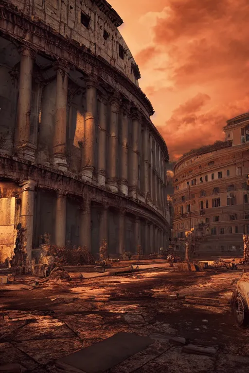 Prompt: rome after a fallout, wide angle, redscale photography, dramatic lighting, photorealistic, cinematic lighting, high detail, cinematic feel, high octane, 4 k, unreal engine, digital render, intricate, ultra realistic, concept art