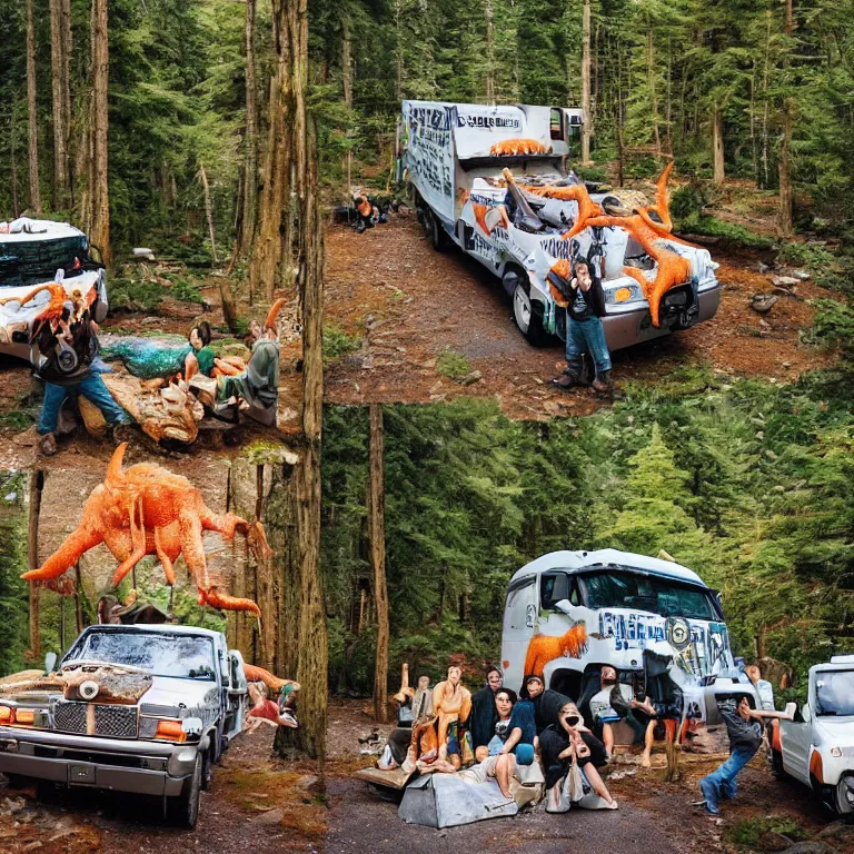 Image similar to photo, hyper detailed, neanderthal people, first contact with aliens!, eating sushi, surrounded by dinosaurs!, gigantic forest trees, sitting on rocks, bright moon, ice! cream! truck!