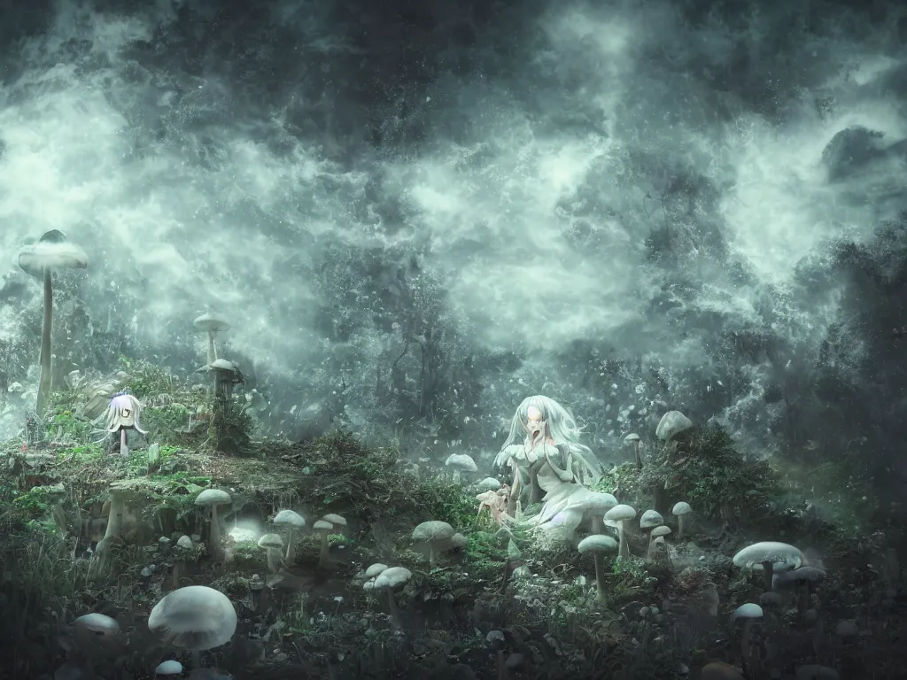 Prompt: cute fumo plush of a gothic maiden girl, overdose, overgrown flooded mystical mushroom forest temple, mysterious ritual over tempestuous stormy water, wisps of volumetric vortices of glowing smoke and fog, vignette, vray