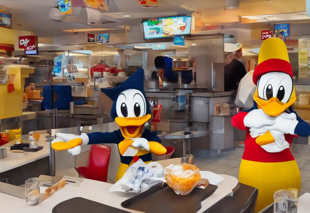 Prompt: donald duck working in mcdonalds