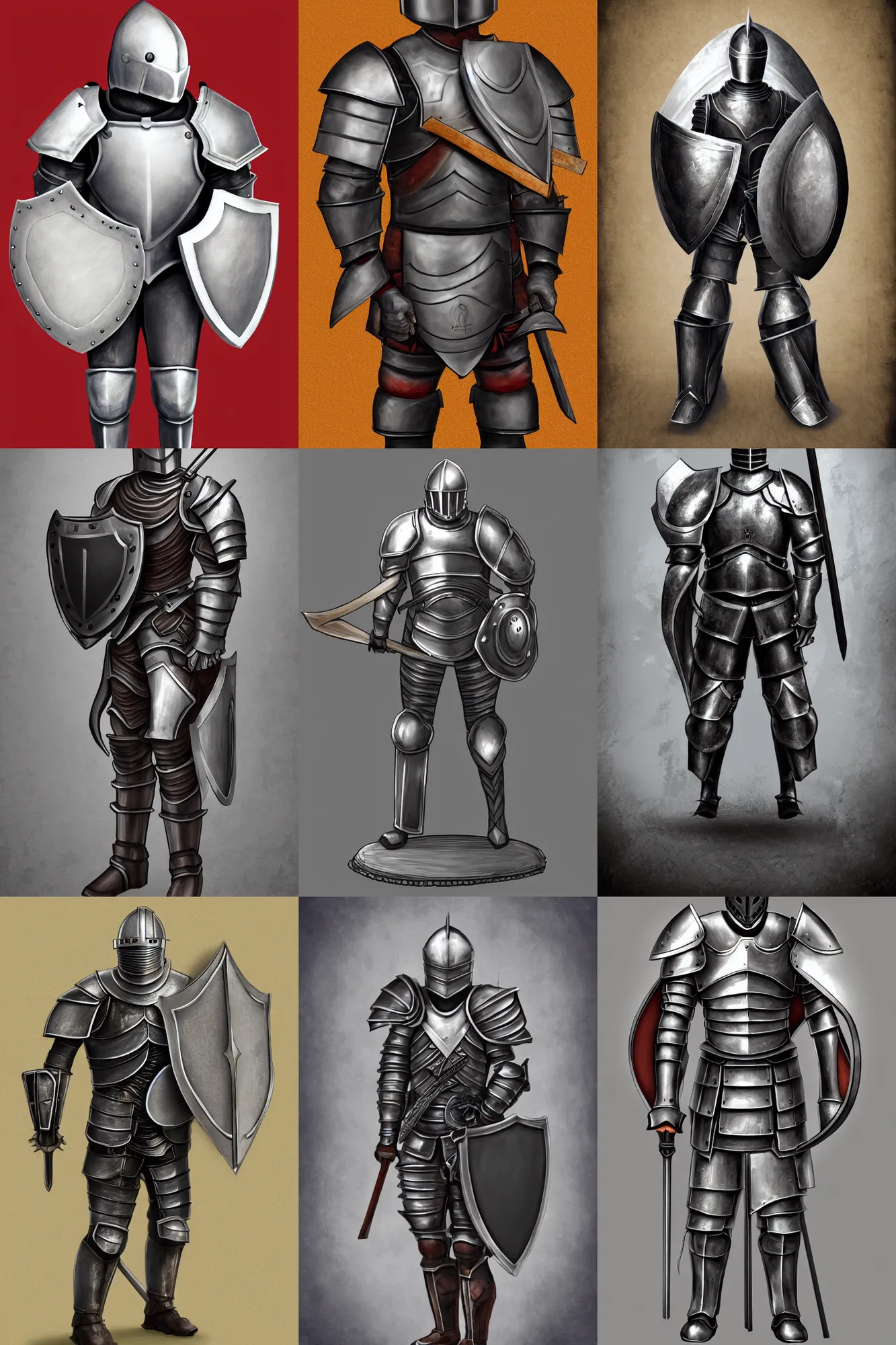 Prompt: digital art of strong knight wearing plate armor, holding weapon and shield, standing upright, full body