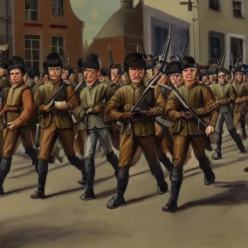 Prompt: painting of Irish rebel soldiers marching down a street in Dublin holding rifles, 4K detail