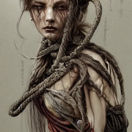 Image similar to portrait of a Shibari rope wrapped face and neck, headshot, insanely nice professional hair style, dramatic hair color, digital painting, of a old 15th century, roman soilder, amber jewels, baroque, ornate clothing, scifi, realistic, hyperdetailed, chiaroscuro, concept art, art by Franz Hals and Jon Foster and Ayami Kojima and Amano and Karol Bak,