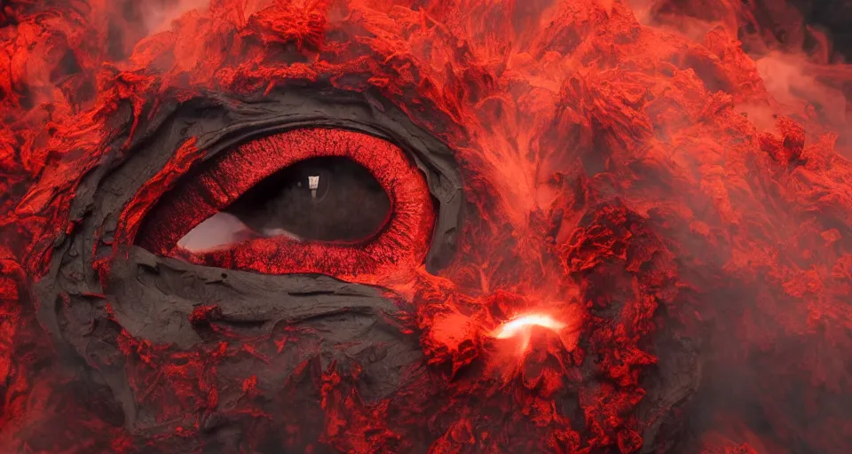 Image similar to a volcano made of ivory vines and crimson rocks enters in eruption, it spits a smoke in the shape of demonic eye, with Cry engine