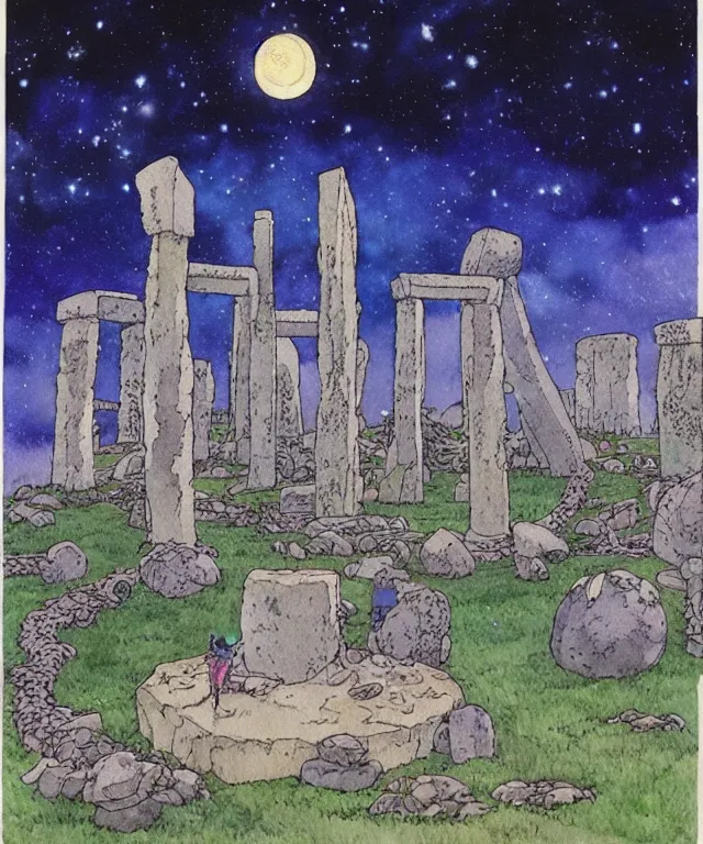 Image similar to a hyperrealist studio ghibli watercolor fantasy concept art. in the foreground is a giant grey octopus building and putting stones in to place on top of stonehenge with a starry sky. by rebecca guay, michael kaluta, charles vess