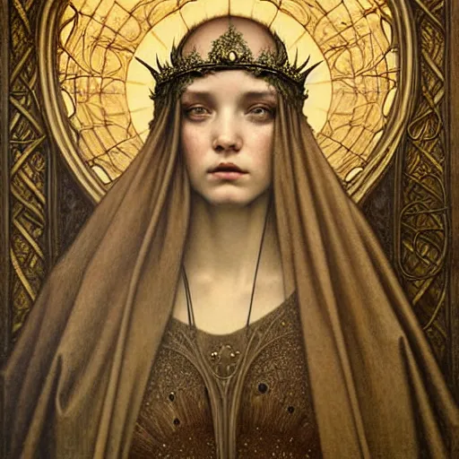 Prompt: detailed realistic beautiful young medieval queen face portrait by jean delville, tom bagshaw, brooke shaden, gustave dore and marco mazzoni, art nouveau, symbolist, visionary, gothic, pre - raphaelite, ornate gilded medieval icon, surreality, ethereal, unearthly, haunting, celestial, neo - gothic, ghostly