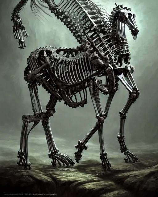 Image similar to fractal horse by giger, partially skeleton, partially robot, deep focus, d & d, dark fantasy, intricate glow accents, elegant, highly detailed, digital painting, artstation, concept art, matte, sharp focus, 8 k 3 d, hearthstone, art by artgerm and greg rutkowski and alphonse mucha