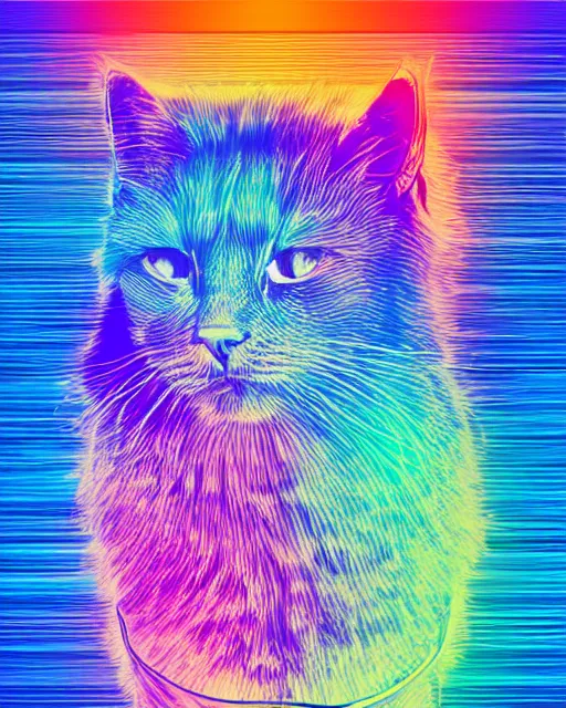 Image similar to highly detailed high resolution stacked plot of radio emissions from a pulsar, abstracted light refractions and stripy interference, making up a fluffy cat, silk screen t-shirt design 4K