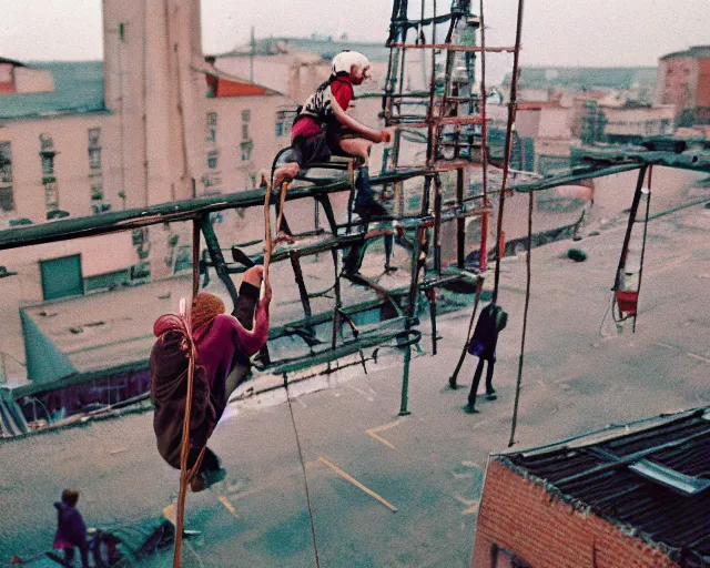 Image similar to lomo photo of roofjumpers climbing on roof of soviet hrushevka, small town, cinestill, bokeh, out of focus