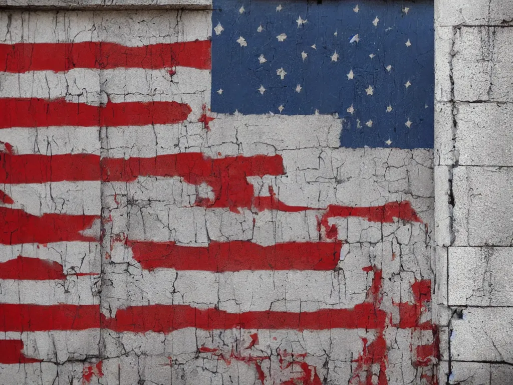 Prompt: an old cinder block wall on the side of a city building painted with a hyperrealistic american flag, cracked paint, aging