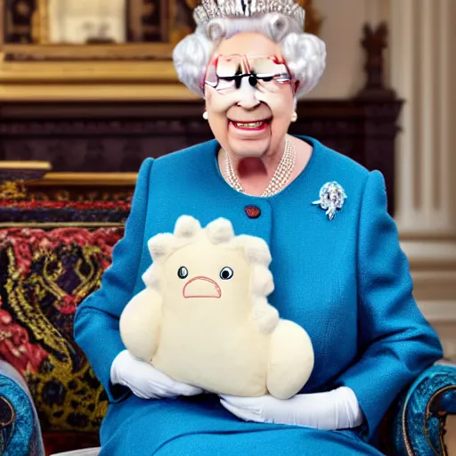 Image similar to The Queen of England holding an anime plush pillow and smiling