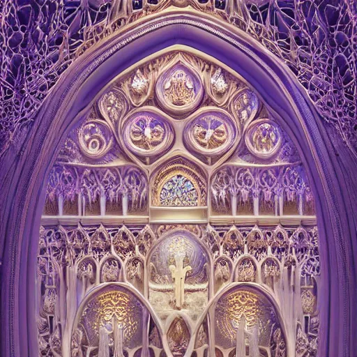 Image similar to a hyperrealistic 3 d render of a delicate ivory sculpture of an ornate detailed cathedral populated by mandelbrot fractals by android jones, micro detail, unreal engine, backlit lighting, psychedelic, octane renderer, catholicpunk, glowing, white color scheme, photorealistic, physically based rendering, angelic, colorful, carved soap, trending on cgsociety