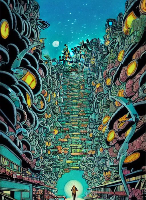 Prompt: 70s vintage anime comic book illustration by Studio Ghibli and by James Jean, giant underwater city amongst cliffs at night by Jeffery Smith by Mati Klarwein, underwater Atlantean city landscape lights up the dark sea with bold colors, a surreal magical aura surrounds this hidden city lighting up the darkness