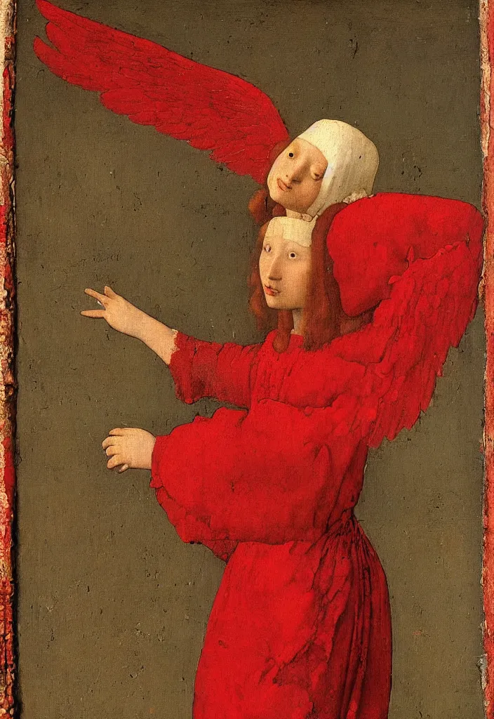 Image similar to Flying Fallen Angel with wings dressed in red, Medieval painting by Jan van Eyck, Johannes Vermeer, Florence