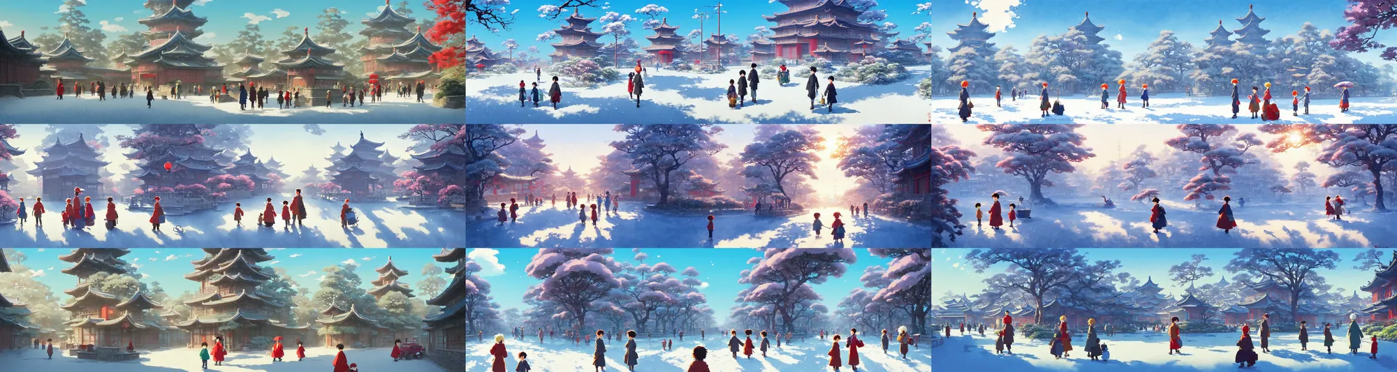 Prompt: a wholesome animation key shot of a sunny winter day in china, studio ghibli, pixar and disney animation, sharp, rendered in gouache painting, anime gouache key art by greg rutkowski, bloom, dramatic, dynamic lighting