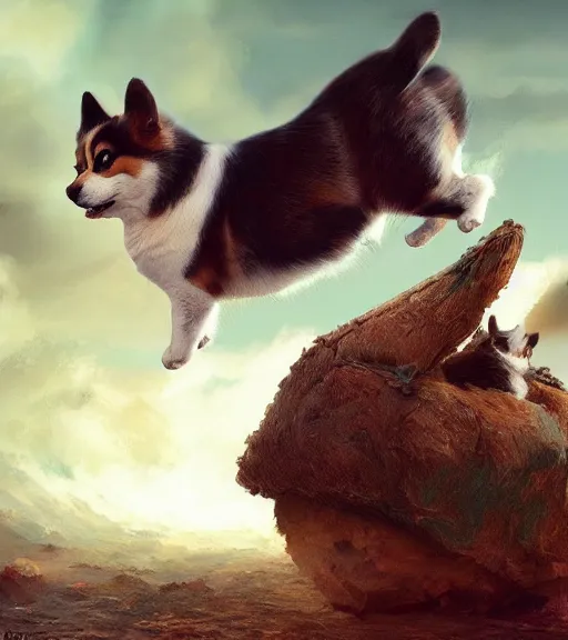 Image similar to fluffy cat riding on top of a corgi, realistic, portrait, intricate, detailed, volumetric lighting, scenery, digital painting, highly detailed, artstation, sharp focus, illustration, concept art, ruan jia, steve mccurry