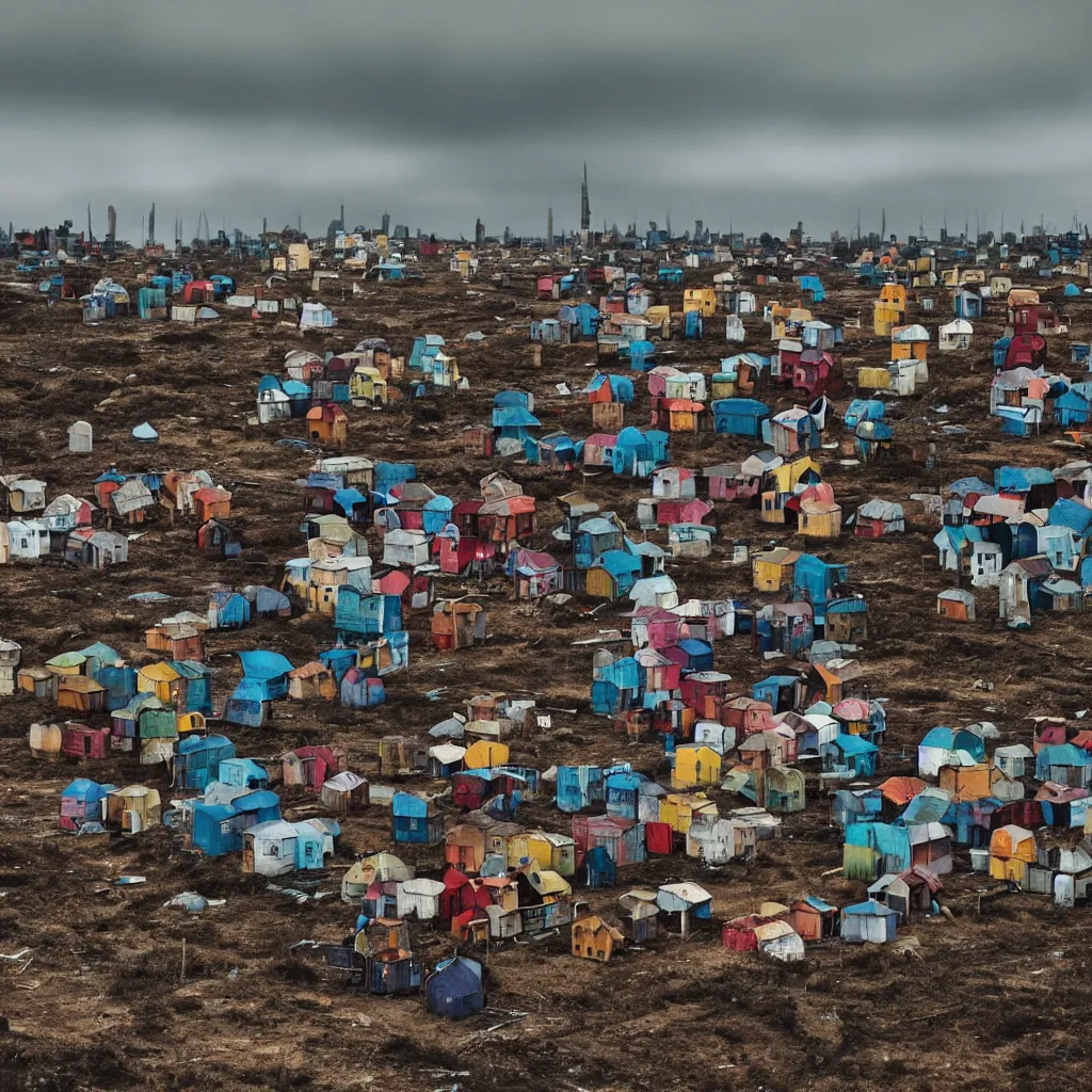 Image similar to towers made up of colourful makeshift squatter shacks, bleached colours, moody cloudy sky, dystopia, mamiya, very detailed, photographed by ansel aams