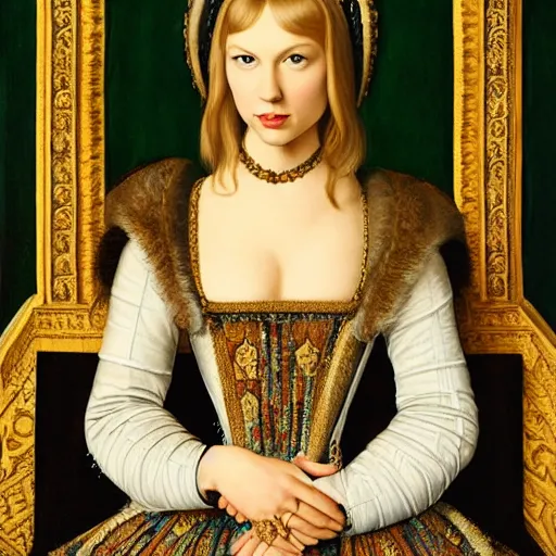 Prompt: a highly detailed portrait of taylor swift, wearing elegant tudor clothes, inside a room with thick red tapestries, oil painting by hans holbein and alessandro allori and richard burbage