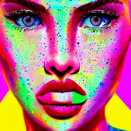Prompt: beautiful face of girl in style spotty pointism, super bright colors, colored spots, mixed liquid acrylic, painting come to life, artstation, ultradetail
