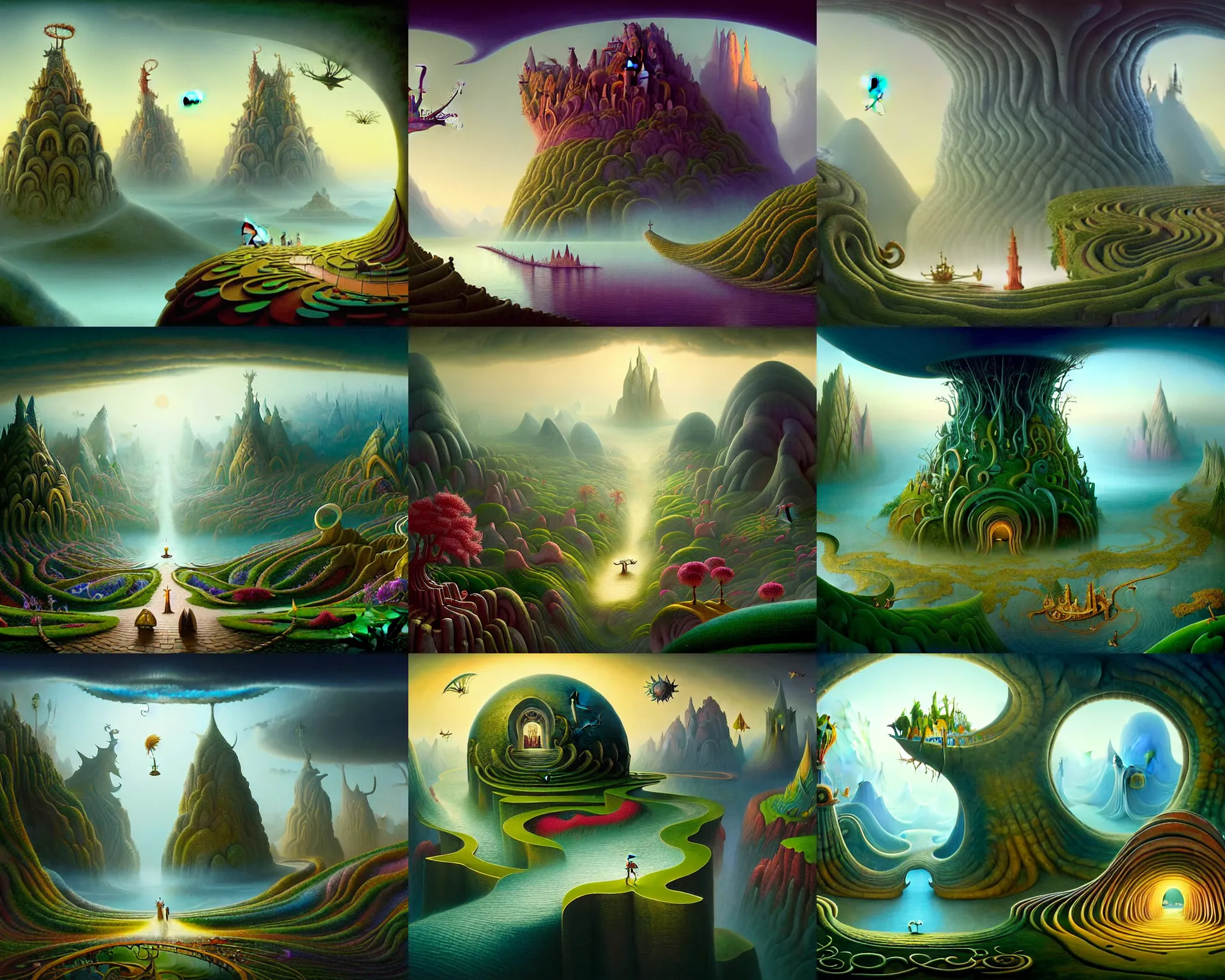 Prompt: a beguiling epic stunning beautiful and insanely detailed matte painting of the impossible winding path through a dream world with surreal architecture designed by Heironymous Bosch, mythical whimsical creatures, mega structures inspired by Heironymous Bosch's Garden of Earthly Delights, vast surreal landscape and horizon by Asher Durand and Cyril Rolando and Andrew Ferez and Jim Burns, masterpiece!!!, grand!, imaginative!!!, whimsical!!, epic scale, intricate details, sense of awe, elite, wonder, insanely complex, masterful composition!!!, sharp focus, fantasy realism, dramatic lighting